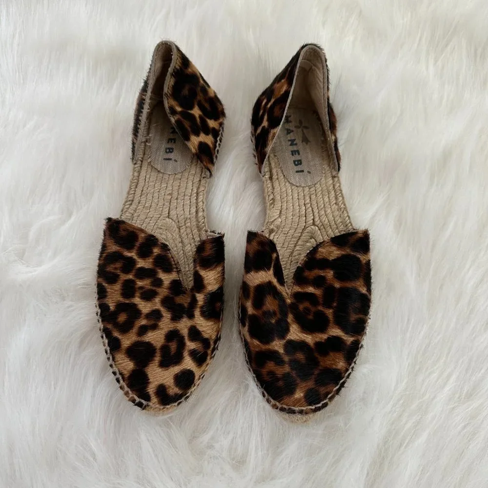 Manebi Espadrilles Leopard Calf Hair Open Side Boho Neutral #D62OLEO EU 38 US 8